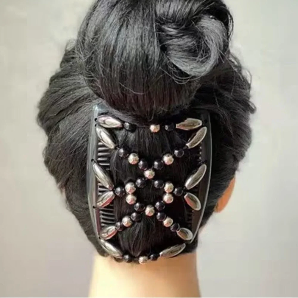 New magic beaded comb Black Hair Clip with Silver Accents
